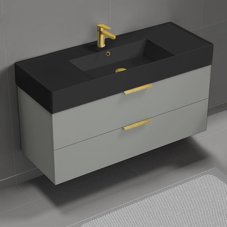 Nameeks DERIN207 Modern Bathroom Vanity With Black Sink, Wall Mounted, 48 Inch, Grey Mist